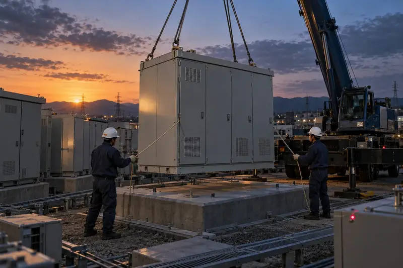 工場敷地内の高圧受変電設備と、盤の前に立つ技術者