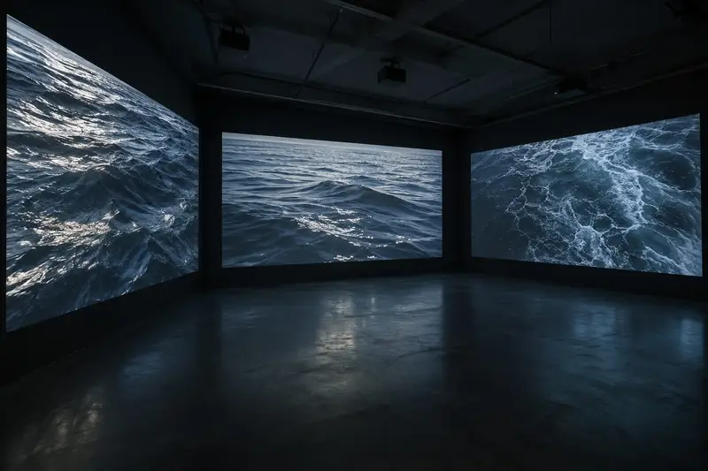 暗室に3面のスクリーンが立ち、それぞれに海面の映像が映っている