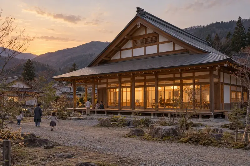 集落の木造の公民館。大きな切妻屋根と広い縁側、前庭に子どもと大人が数人