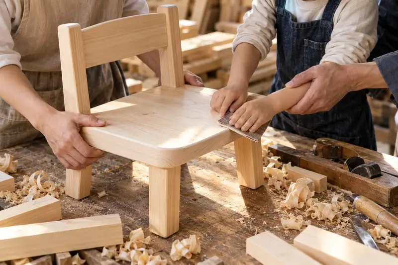 資材センターの作業場で、親子がヒノキの端材で小さな椅子を作っている手元と、添えられた大工の手