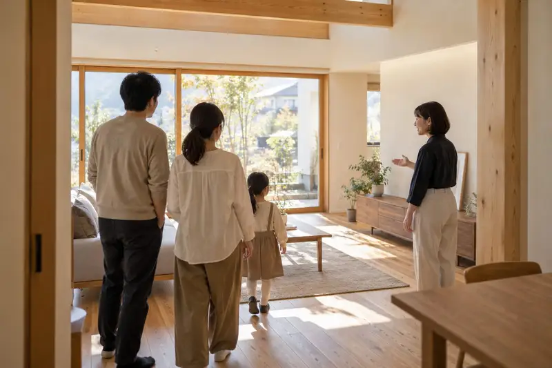 完成見学会で新築の居間を見て回る夫婦と子どもの後ろ姿と、案内するスタッフの横顔
