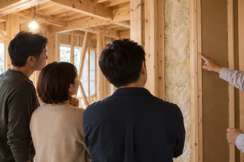 断熱材と柱が見える建築中の家で、壁の断面を見る参加者3人と、指さすスタッフの手元