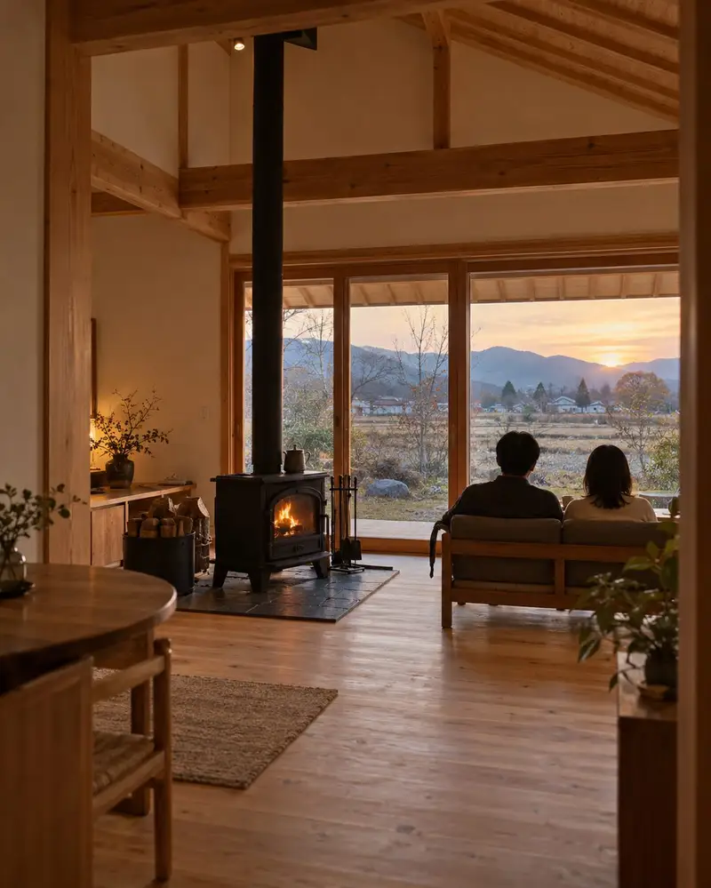 薪ストーブを中心にした平屋の居間。ヒノキの床と現しの梁、窓辺でくつろぐ家族2人の後ろ姿