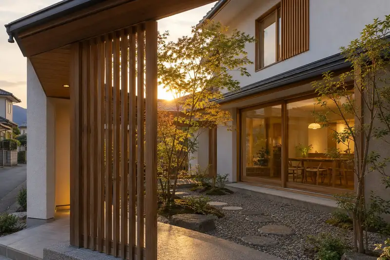 格子と漆喰の外壁の2階建て。中庭のモミジが夕日で透けて見える