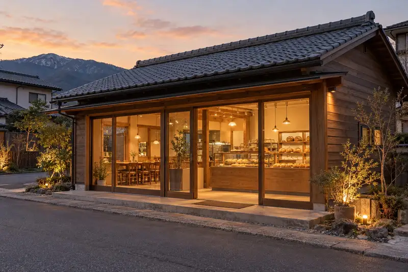 町の通りに面した木造平屋のベーカリーカフェ。大きなガラス戸から店内の灯りがこぼれる夕方