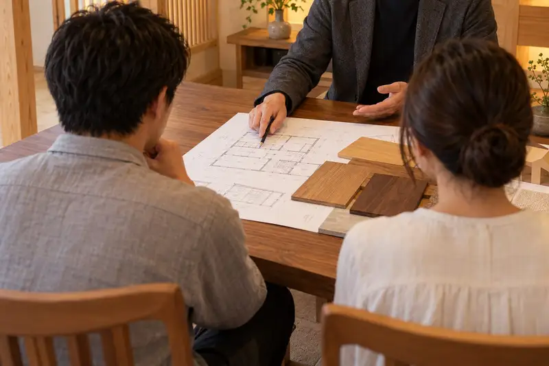 打ち合わせテーブルに図面と床材のサンプルを広げ、リフォーム担当が夫婦に説明している手元