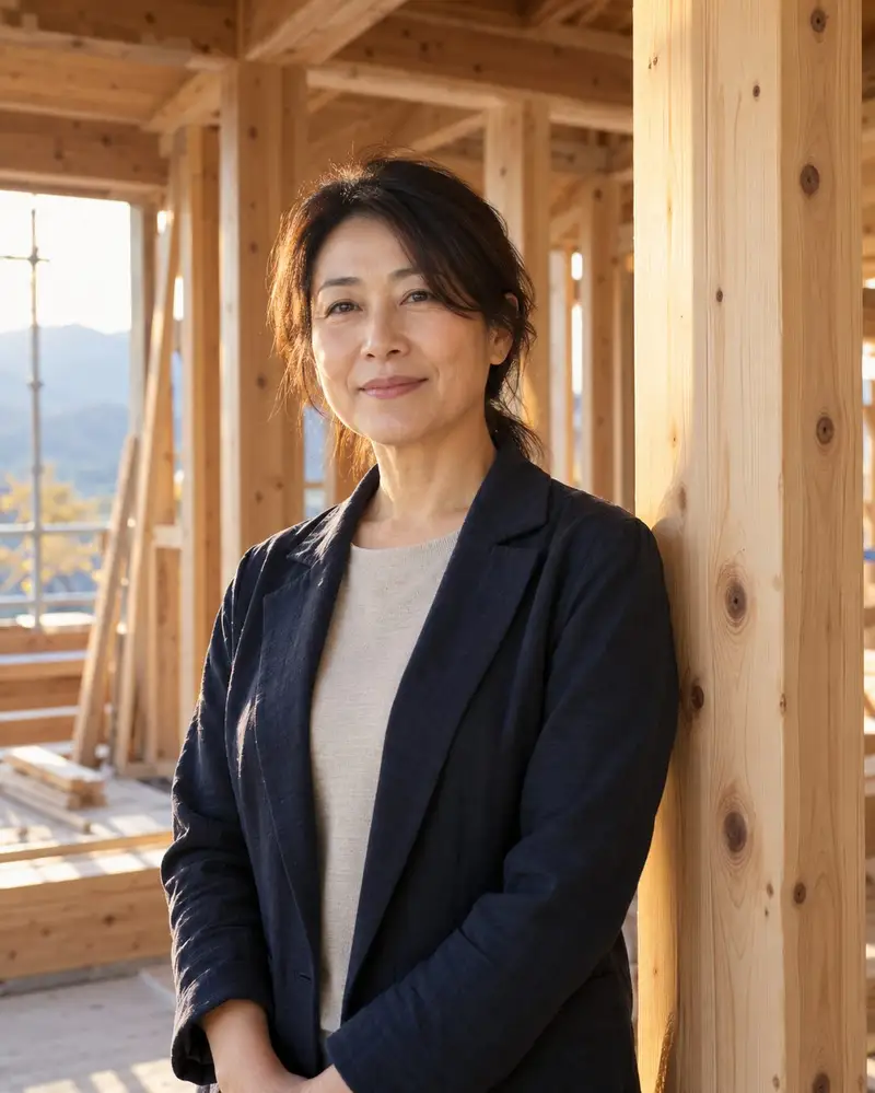 建築中の木造の家の柱の横に立つ、紺のジャケットの代表取締役社長