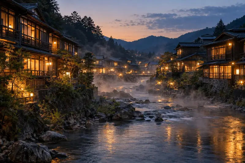 川の両岸に木造三階建ての旅館が並ぶ温泉街の夕暮れ。窓の灯りと川面から上がる湯けむり