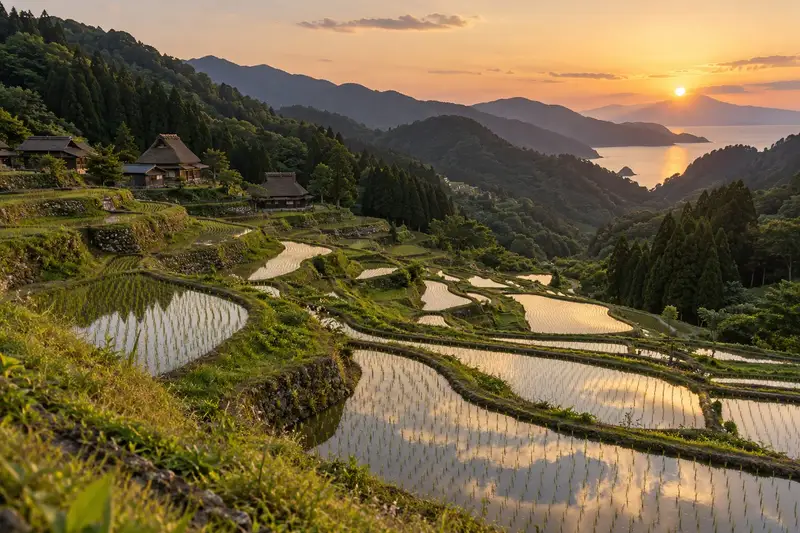 山あいの斜面に広がる棚田と、数軒の茅葺き屋根の家。水を張った田に夕方の空が映る