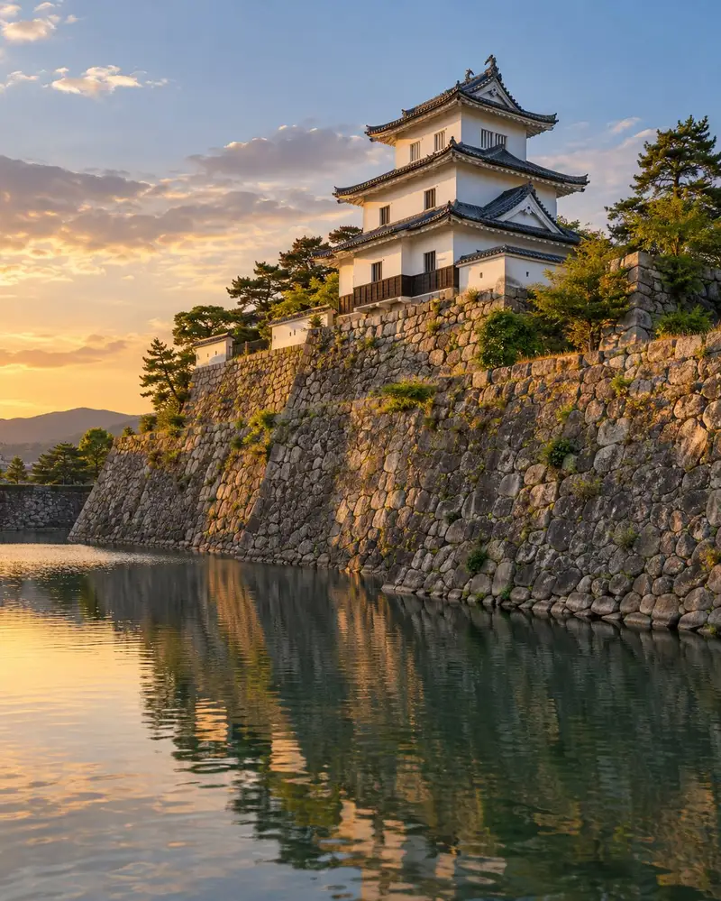 堀越しに見上げる高い石垣と、その上に建つ白い三層の天守。夕方の光が壁に当たっている
