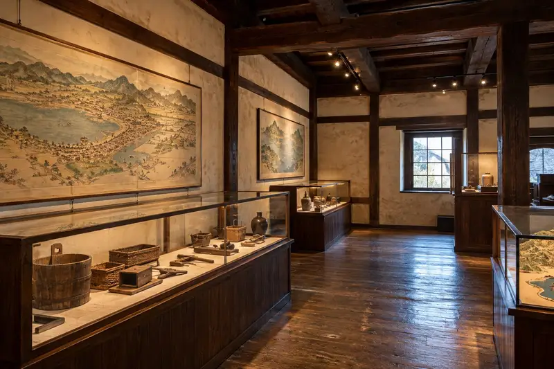 城下町の古い土蔵を活かした郷土資料館の展示室。木の床とガラスケース、窓からやわらかな光
