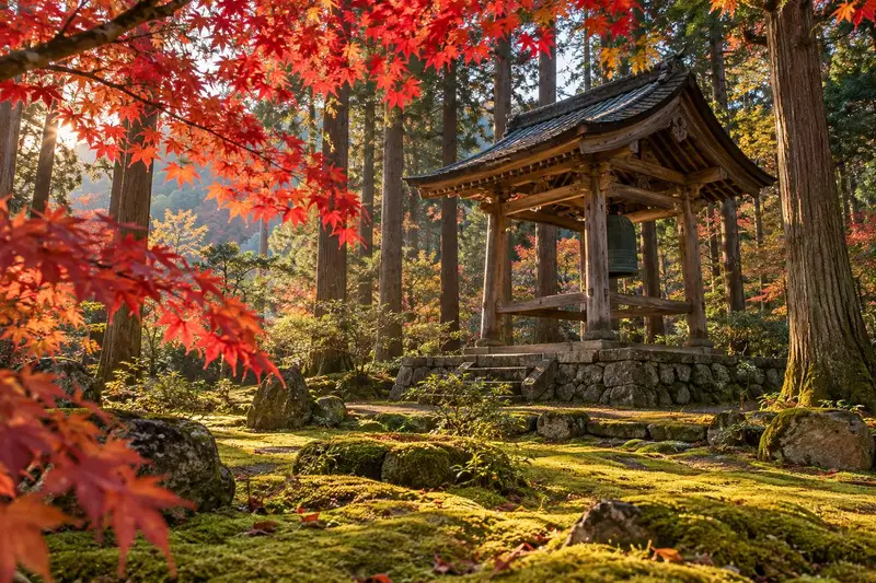 杉に囲まれた小さな寺の苔の庭と木造の鐘楼。手前に赤く色づいた楓
