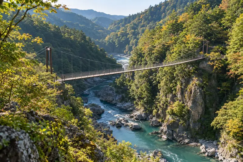 深い渓谷にかかる細い吊り橋と、下を流れる青緑の川。両岸は木々で、午前の斜めの光が差す