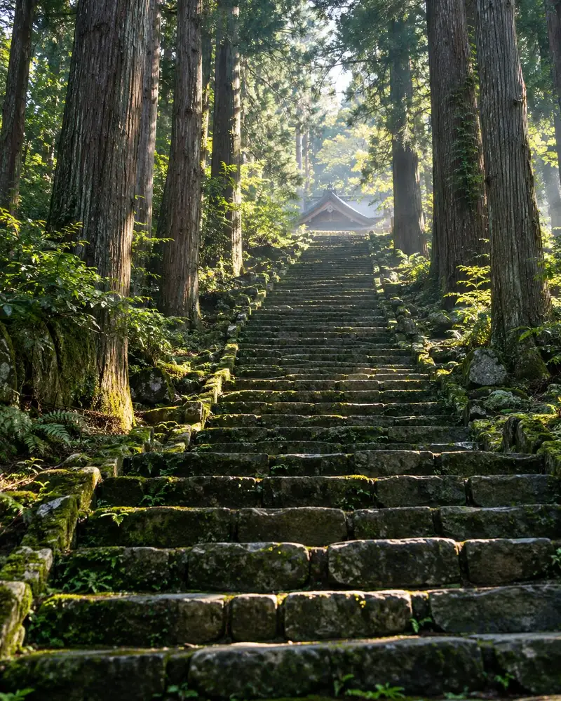 苔むした長い石段と、両側に並ぶ太い杉並木。石段の上に小さな社の屋根が少し見える
