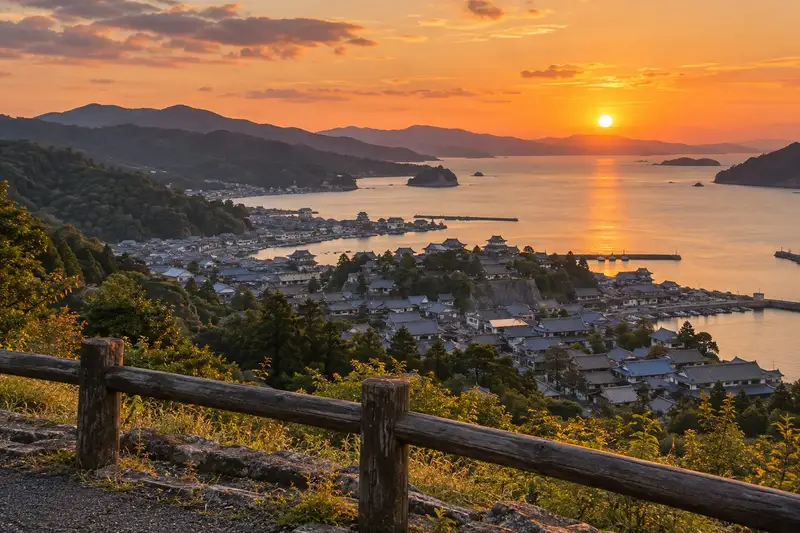山道の峠の展望所から見下ろす湾と城下の瓦屋根。夕日で橙に染まる空と木の柵