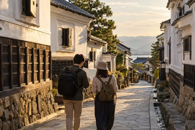 地図を手に城下町の蔵の路地を歩く旅行者2人の後ろ姿。夕方の光