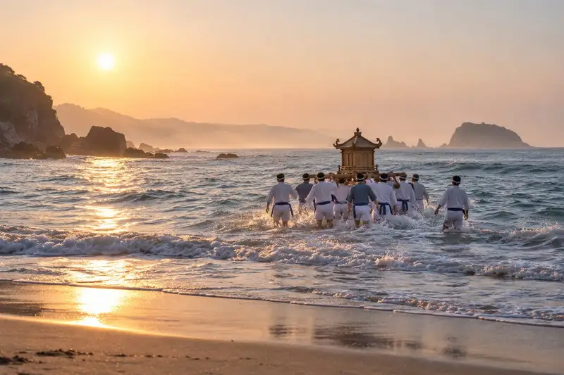 夏の朝、浜辺で神輿を担いで海に入る人たち。水しぶきと朝日