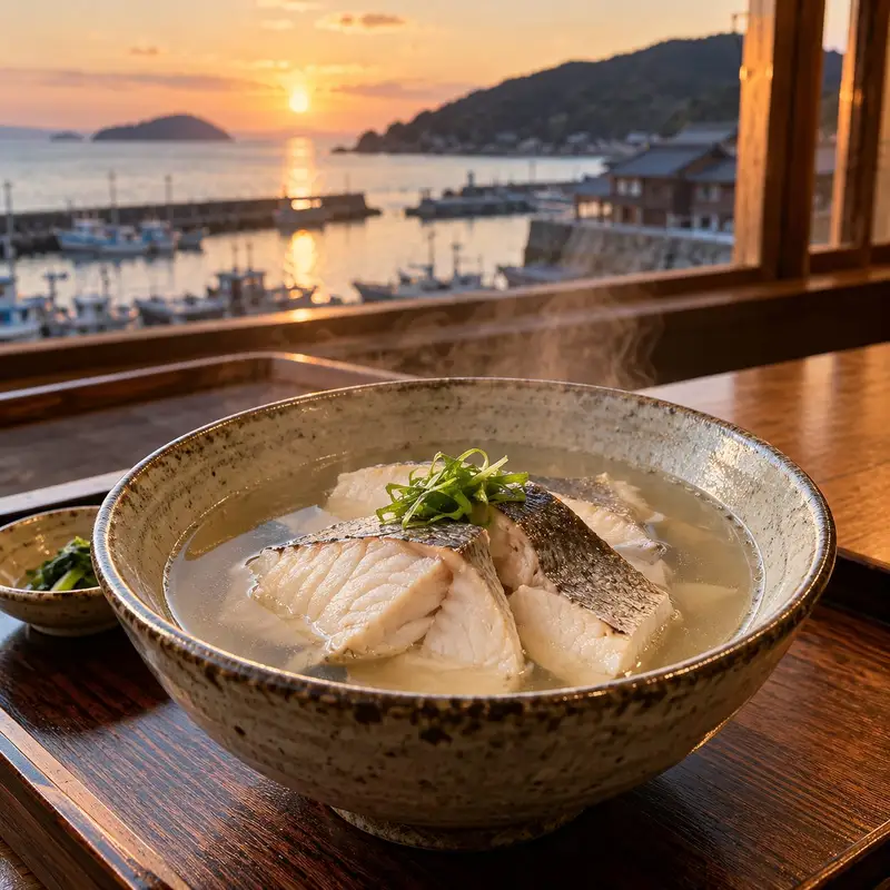 灰釉の深い器に盛った白身魚の汐煮。湯気が立ち、木の盆に載っている