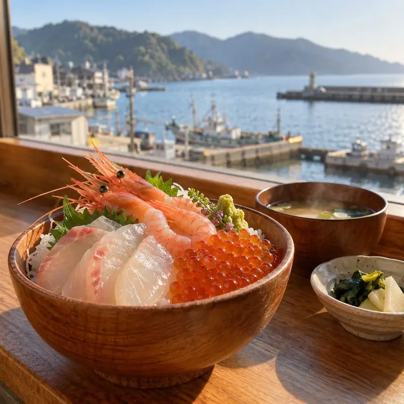 木の器に盛った海鮮丼（白身魚、甘えび、いくら）と小鉢、味噌汁。木のカウンターに窓の光が当たる