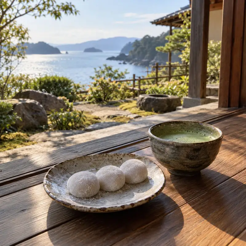 白い小さな餅菓子が3つ並んだ皿と、抹茶の碗。縁側の午後の光