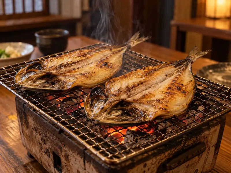 炭火の網の上で炙られる開きの干物2枚。皮に焼き色がつき、湯気が立つ