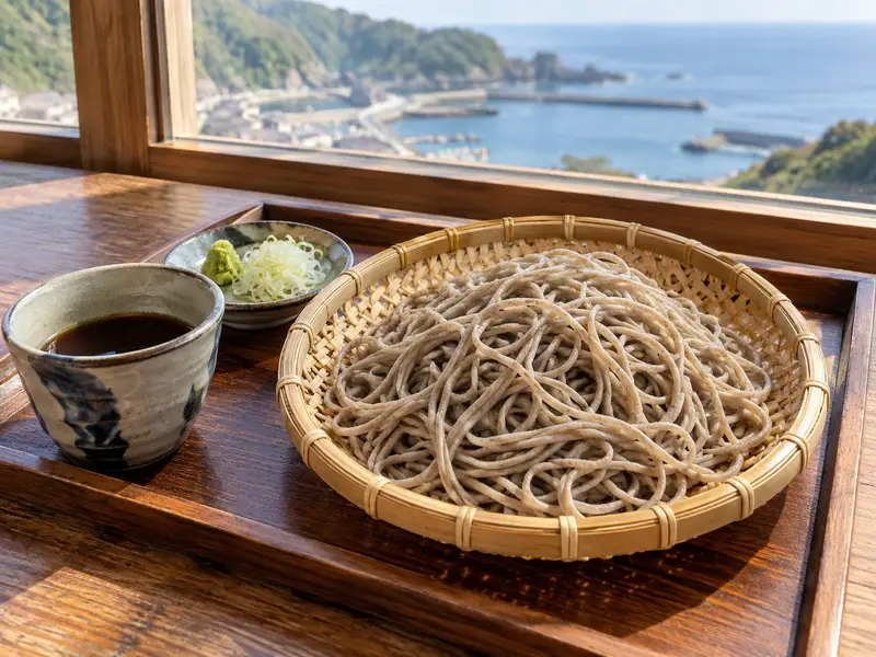 竹ざるに盛った手打ちの十割そばと、そばつゆ、わさび、薬味