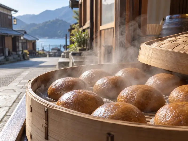 蒸籠から上がる湯気の中の茶色い温泉まんじゅう。湯の町の店先