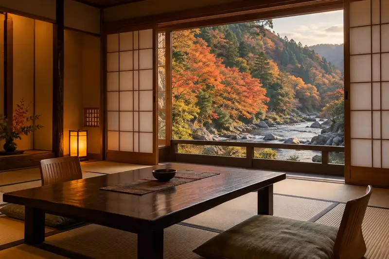 温泉旅館の和室。畳と低い座卓、障子を開けた窓の外に川と紅葉が見える