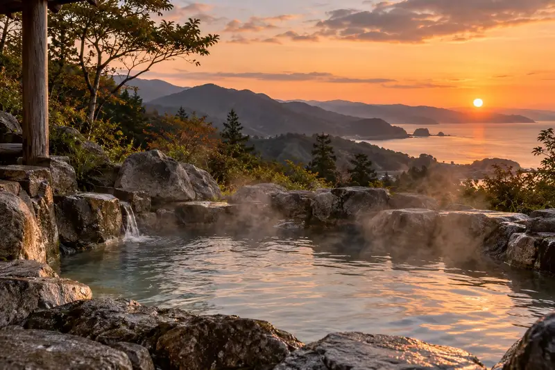 岩で組んだ露天風呂と湯けむり。奥に夕暮れの山と木々が見える