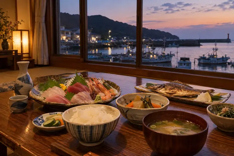 港の民宿の夕食。座卓に刺身、焼き魚、煮物、ご飯と味噌汁が並び、窓の外に夕方の港