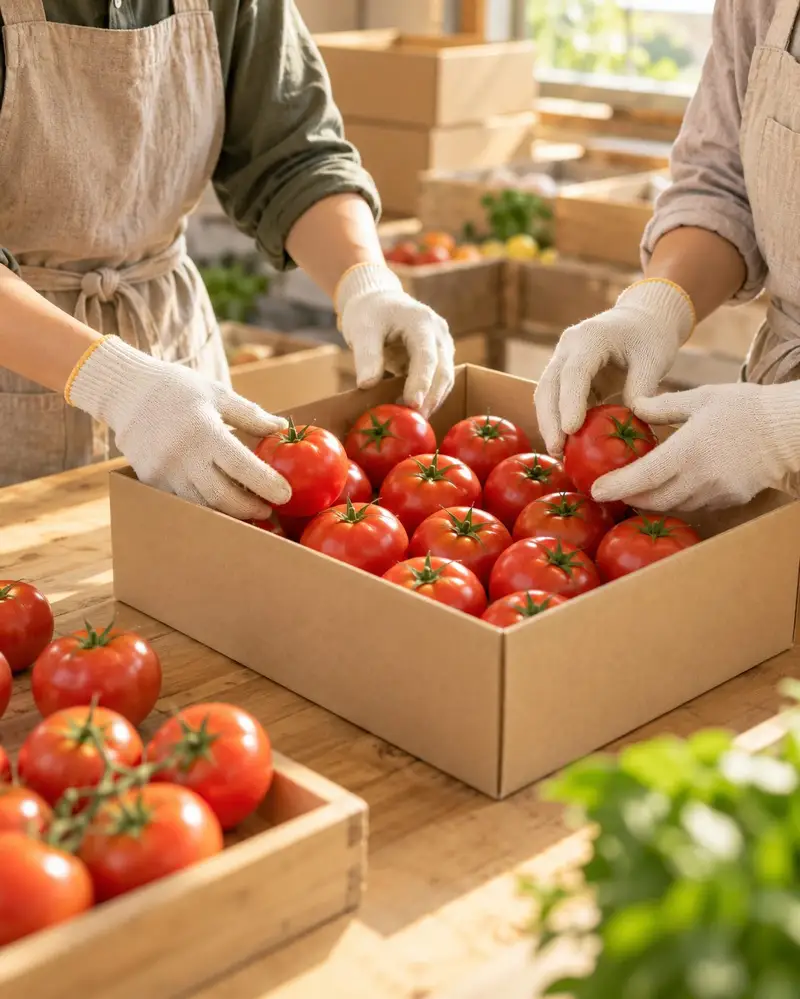 明るい窓から光が入る出荷場の作業台で、トマトを無地の箱に詰める2人の手元