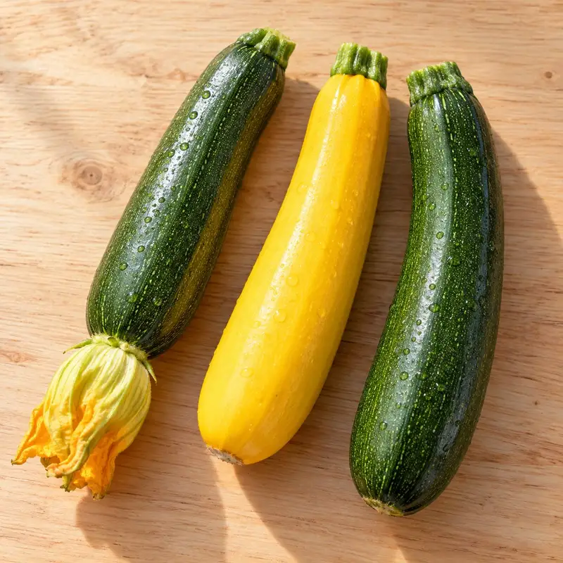 緑と黄色のズッキーニ3本と、花付きの1本を木の台に並べたところ
