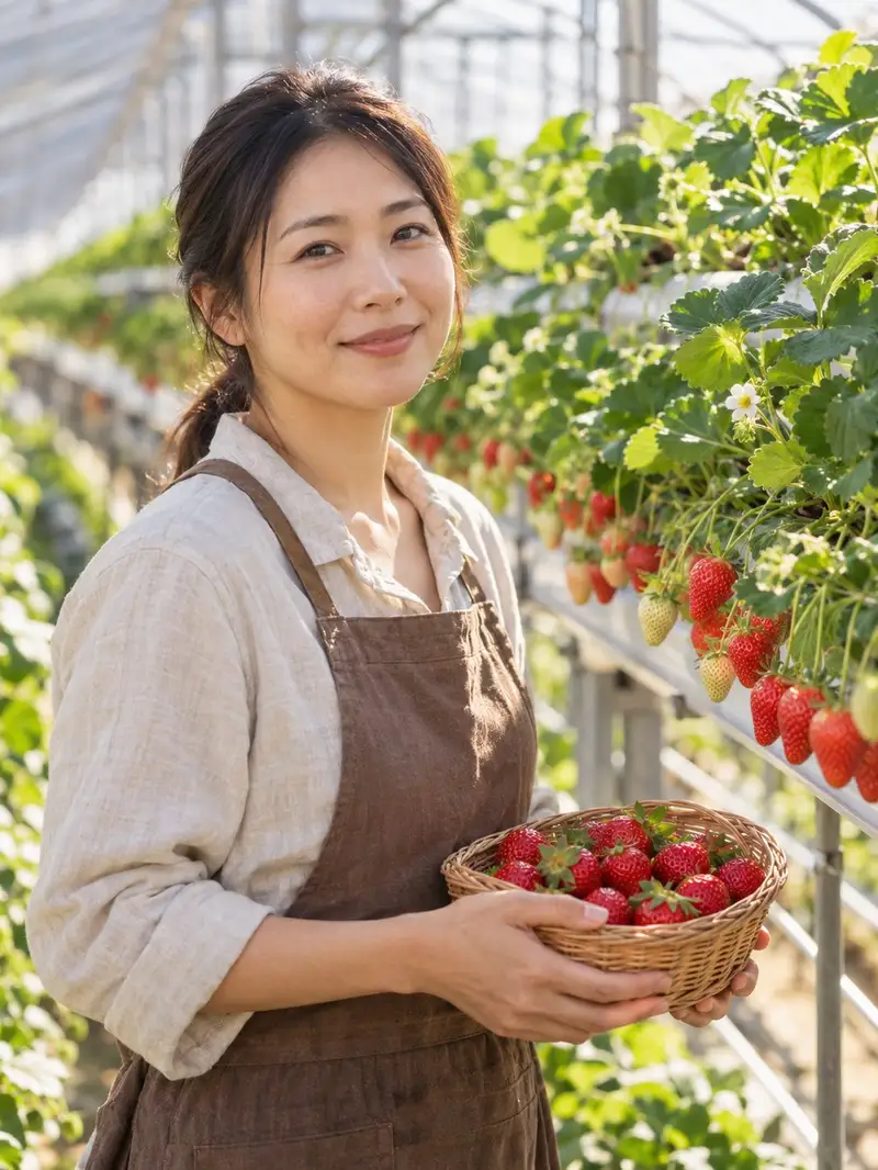 エプロン姿で、いちごのハウスの棚の横で摘んだいちごのかごを持つ水野 さやか