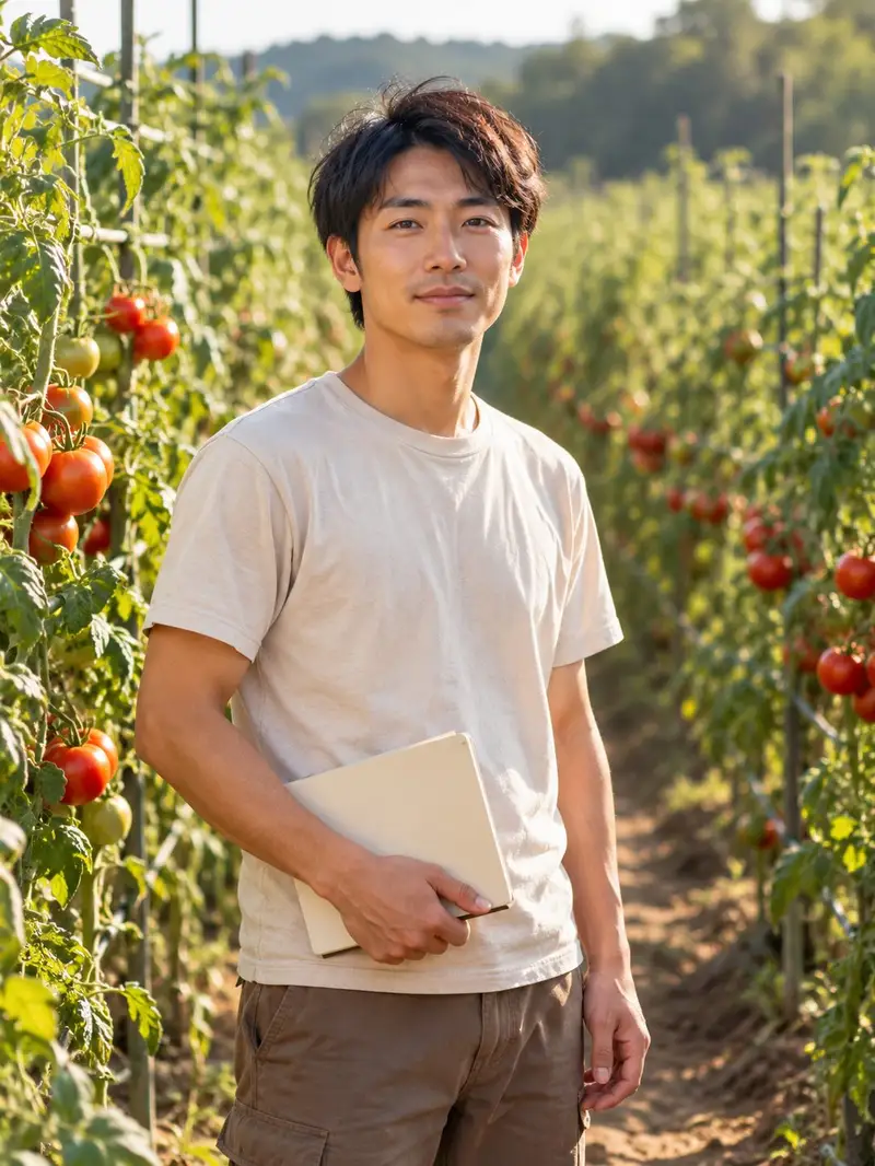 トマトの畝の間でノートを持って立つ林 航平