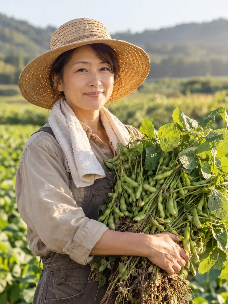 つばの広い帽子をかぶり、枝豆の株を束で抱える杉浦 典子