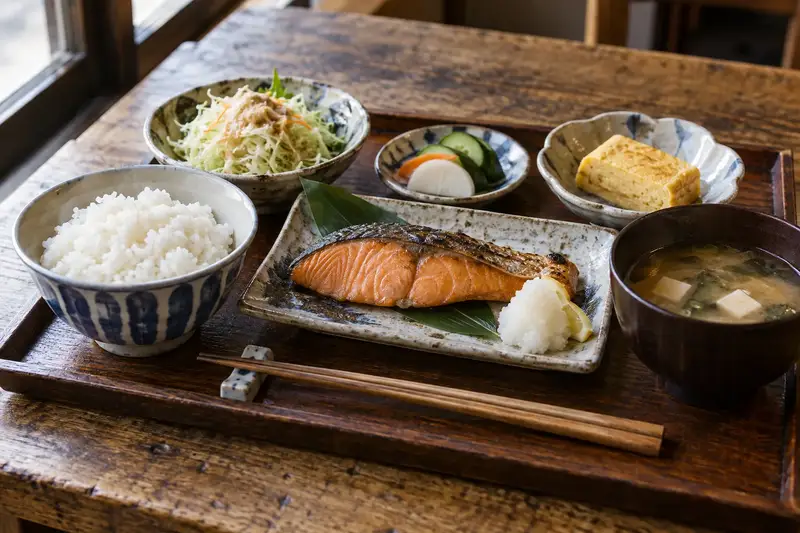 焼き鮭、卵焼き、漬物、サラダに、ご飯とお味噌汁を添えた定食