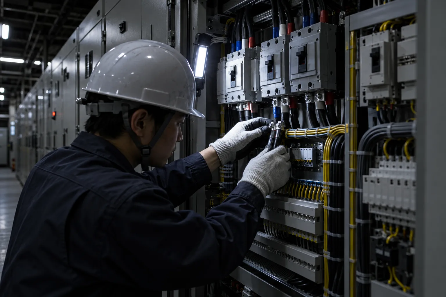 扉を開けた配電盤が並ぶ受変電設備と、遠くに立つヘルメット姿の技術者