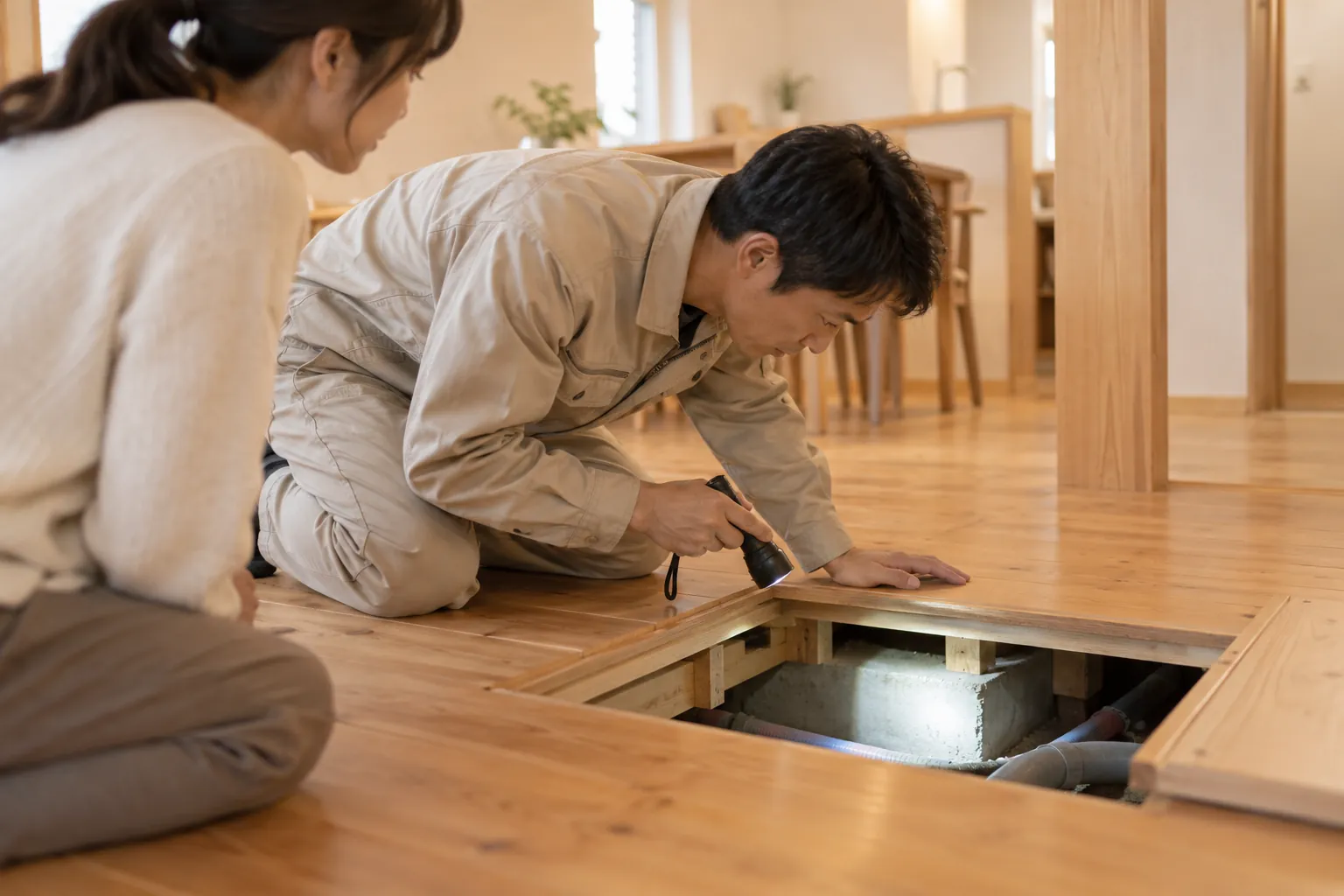 床下点検口をのぞく点検スタッフの横顔と手元、後ろで見守る住まい手