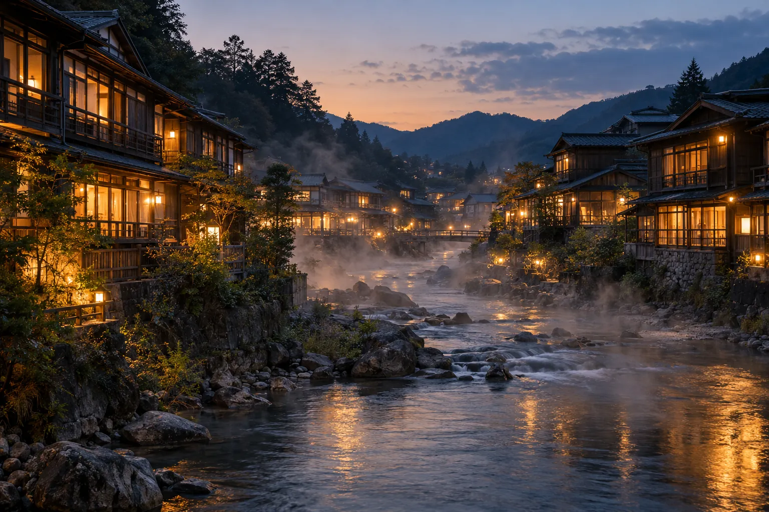 川の両岸に木造三階建ての旅館が並ぶ温泉街の夕暮れ。窓の灯りと川面から上がる湯けむり