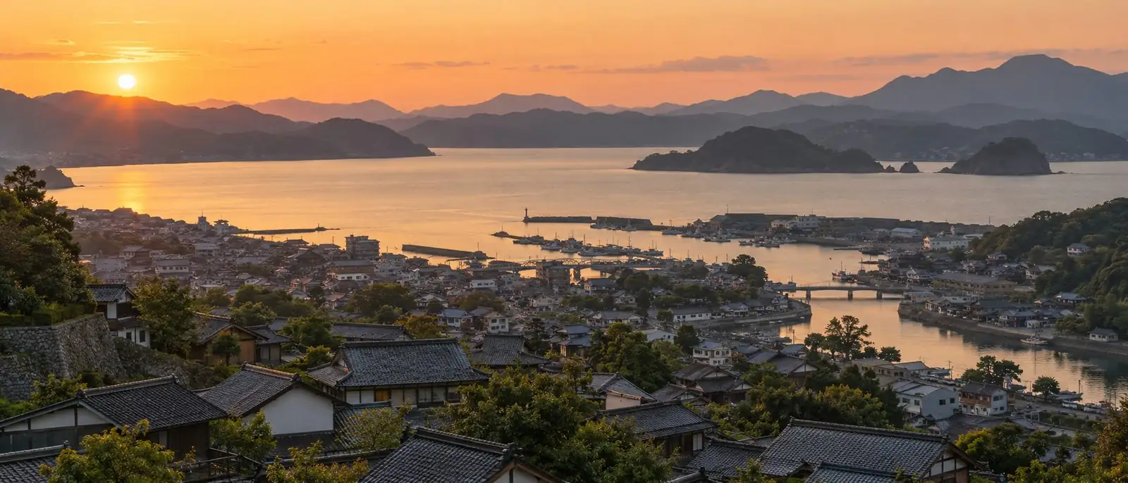 夕方の高台から見下ろす湾。手前に瓦屋根の城下町と川、湾に小さな漁港、奥に重なる山並み。空は淡い橙