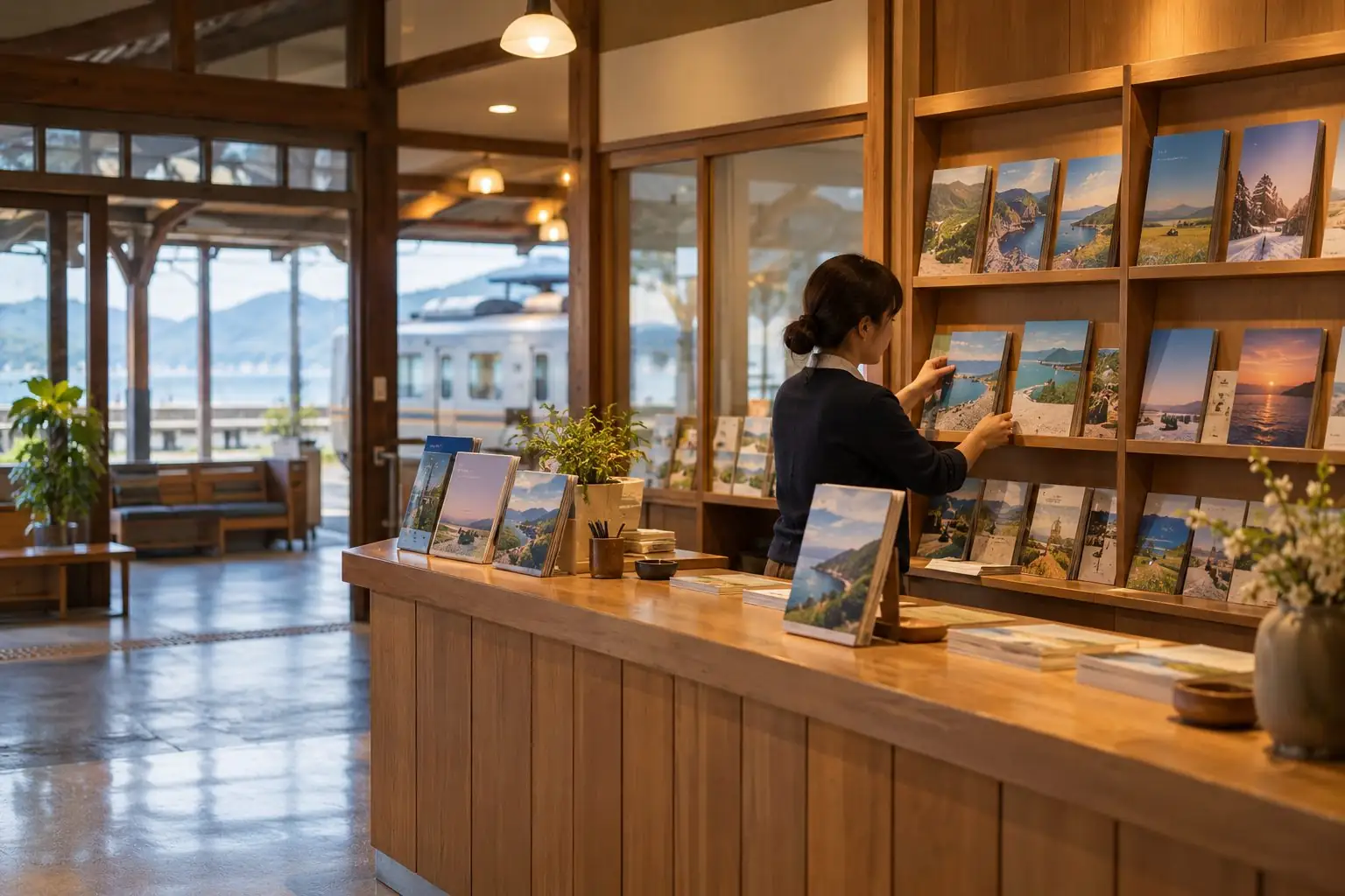 駅の中の観光案内所。木のカウンターと冊子の並ぶ棚、奥にスタッフの横姿