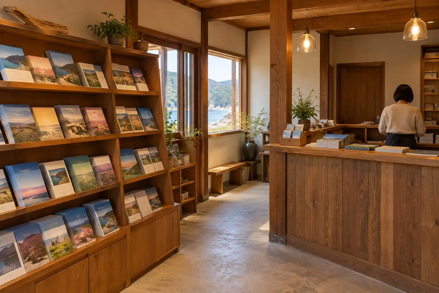 温泉街の木造の小さな観光案内所の店内。木の棚にパンフレットが並ぶ