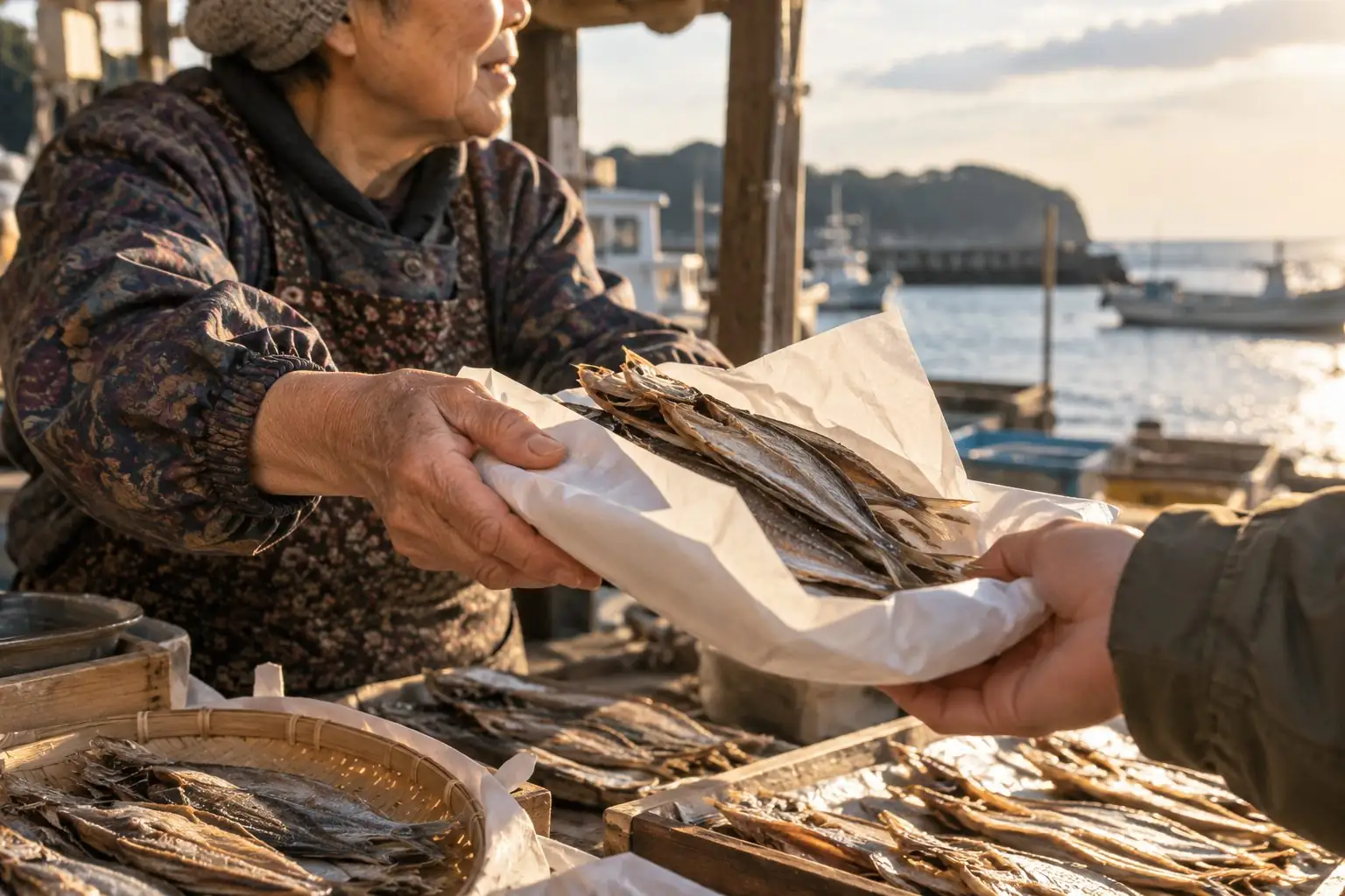 朝市で、地元の年配の女性が干物を紙に包んで旅行者に手渡す手元と横顔(特定できない角度)。朝の斜光