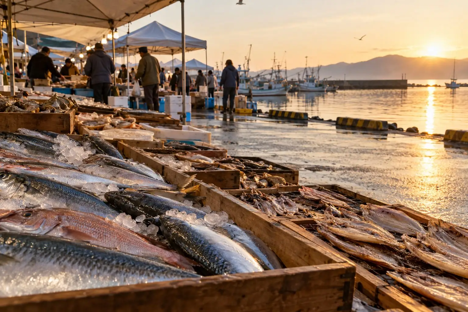 早朝の港の朝市。木箱に並んだ魚と干物、テントの下で買い物をする人たち