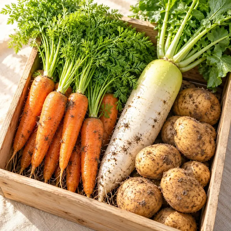 土を軽く落としたにんじん、高原大根、じゃがいもを木箱に並べたところ