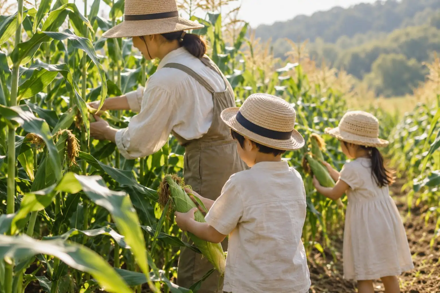とうもろこし畑で、親と子ども二人が実をもいでいる横からの様子