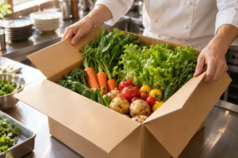 飲食店の厨房のステンレス台で、届いた無地の箱を開けると野菜がぎっしり入っている