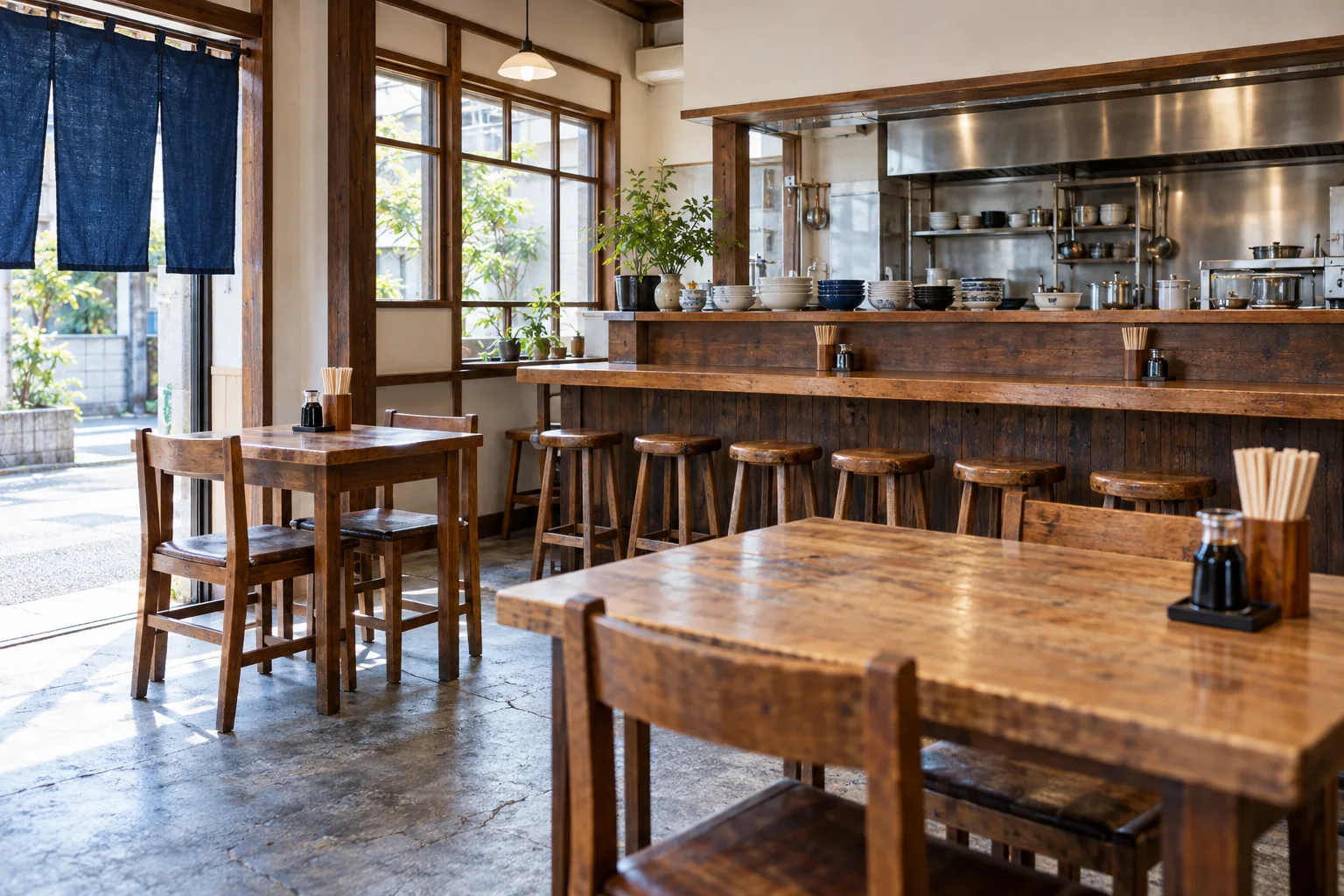 木のカウンターとテーブルが並ぶ、つばめ食堂の店内