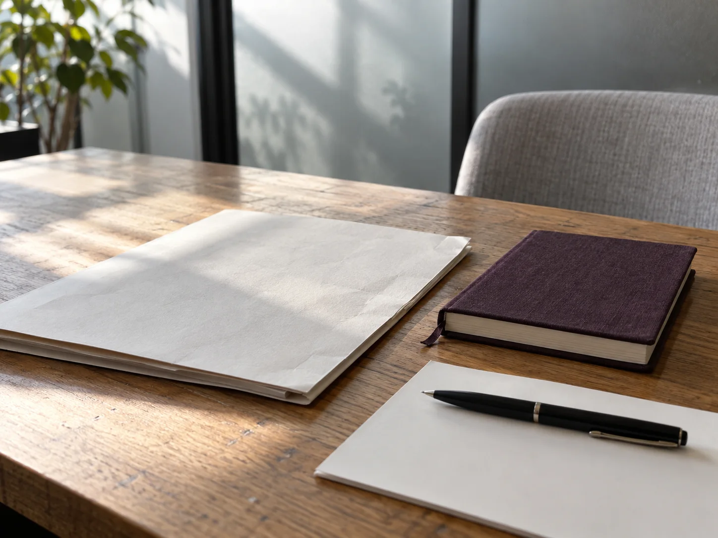 木の机に置かれた白い書類と梅紫のノート